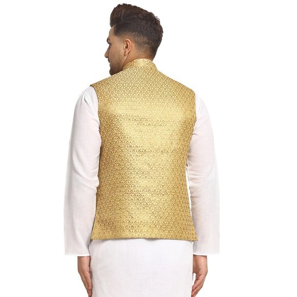 Sleeveless Traditional Brocade Silk Fabric Dark Golden Nehru Jacket by Treemoda - Picture 3 of 5